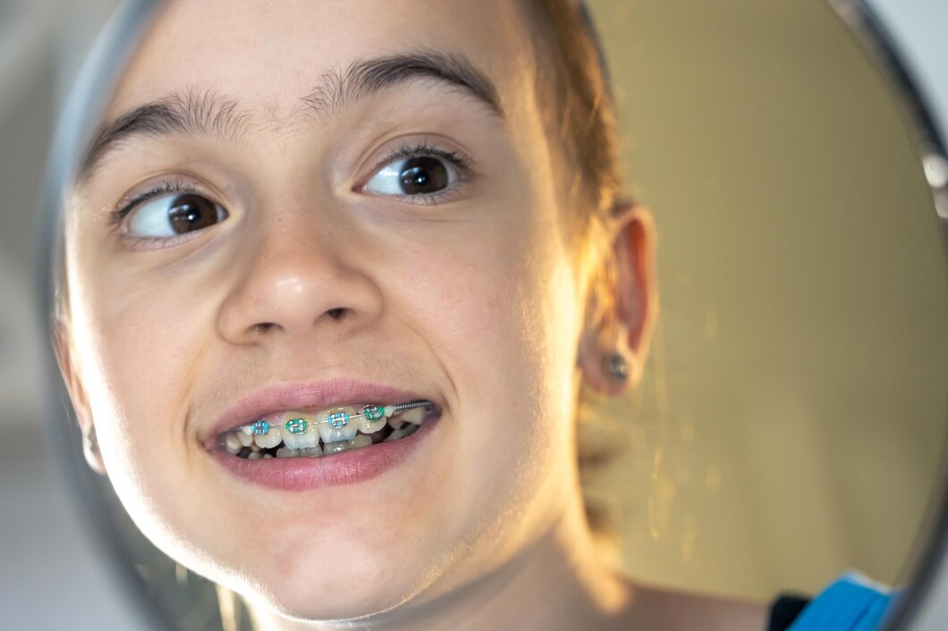 caucasian preteen girl with braces her teeth looking mirror