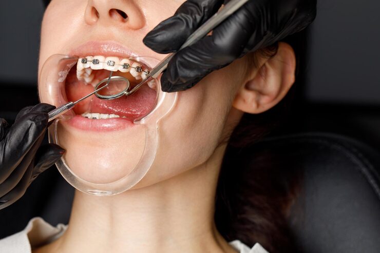 young woman with metal braces is being examined by orthodontist correction bite teet