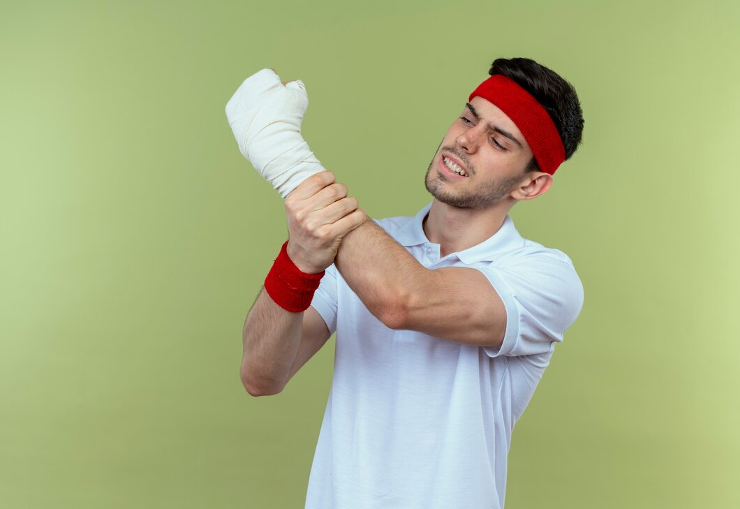 young sporty man headband touching his bandaged hand feeling pain standing green background 141793 67749
